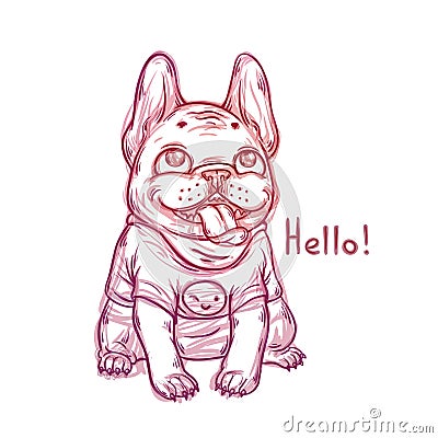 Cool sketch portrait of french bulldog wearing t-shirt with a smile emoji Cartoon Illustration