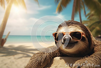 cool sloth with sunglasses on tropical beach AI generated Stock Photo