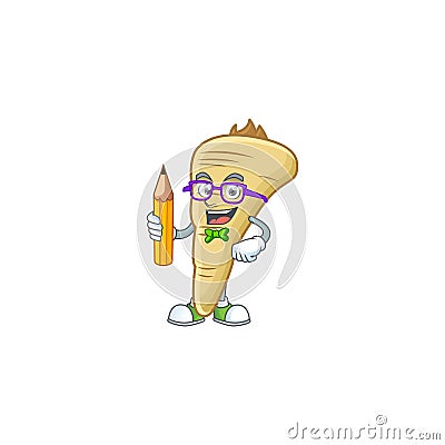 Cool smart Student parsnip mascot with a pencil Vector Illustration