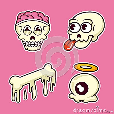 Cool sticker pack of funny cartoon doodle. Vector illustration of skull face, bone and eye. Isolated on premium vector Cartoon Illustration