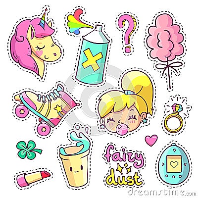 Cool stickers set in 80s-90s pop art comic style. Patch badges and pins with cartoon characters, food and things. Vector Vector Illustration