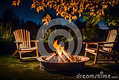 On a cool summer or fall night, a backyard fire pit with lawn chairs. Stock Photo