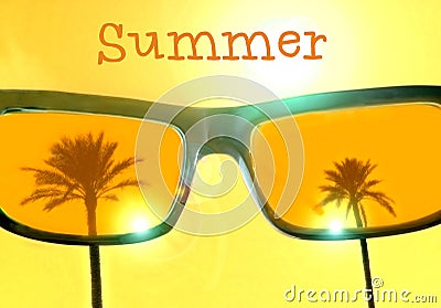 Cool summer grunge poster with palm trees reflecting in sunglasses with text summer - stock Stock Photo