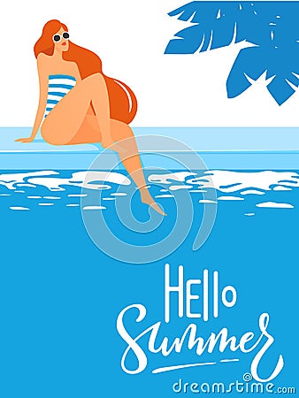 Summer poster with young woman in a swimming pool Vector Illustration