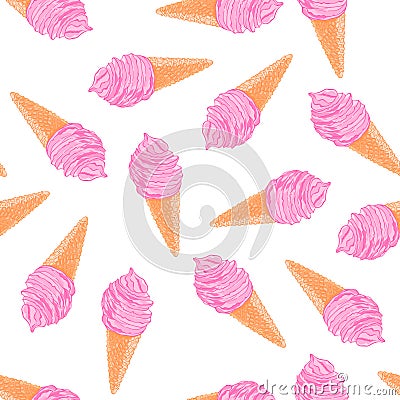 Cool summer seamless pattern with sketch berry ice cream cones. Vector Illustration