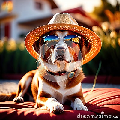 Cool summer vibes, dog wearing sunglasses and straw hat Stock Photo