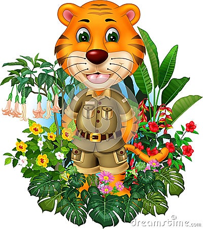 Cool Tiger With Tropical Plant Flower Cartoon Stock Photo