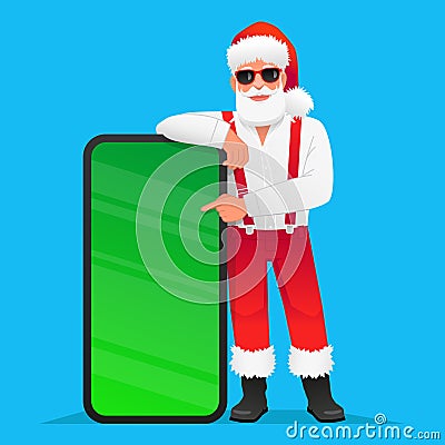 Cool trendy Santa Claus in sunglasses points to a big phone. Santa in a white shirt with suspenders rests his hand on a huge Vector Illustration