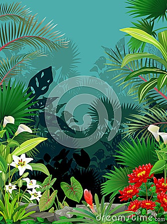 Cool Tropical Rain Forest With Ivy Plant and Flower Cartoon Stock Photo