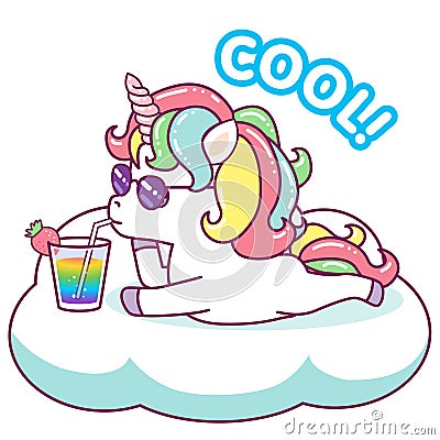 Cool unicorn with sunglasses drinking a rainbow cocktail on a cloud Vector Illustration