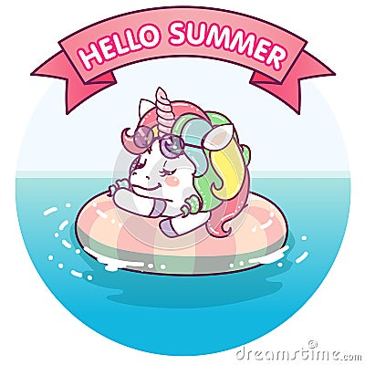 Cool unicorn on a life buoy with sunglasses Vector Illustration