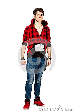 Cool urban young man model. Handsome boy with sweatshirt on white. PNG Stock Photo