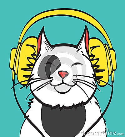 Cool vector art of cat with headphone. music picture, eps 10 on layers Vector Illustration