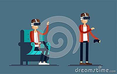 Cool vector concept on virtual reality headset in use. Guy experiences full immersion into virtual reality trying to Vector Illustration