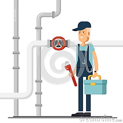 Cool vector plumber male character standing holding tool Vector Illustration
