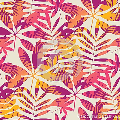 Cool vivid bright color tropical leaves seamless pattern Vector Illustration