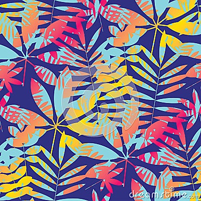 Cool vivid bright color tropical leaves seamless pattern Vector Illustration