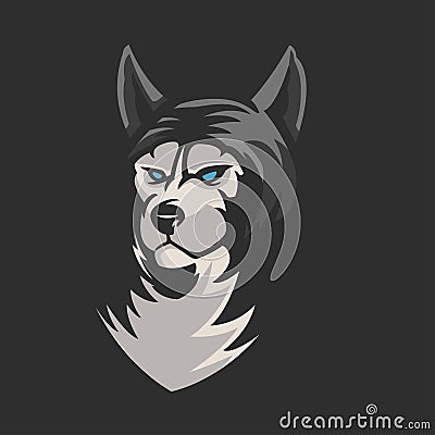 Cool wolves face mascot e-sport logo design isolated on dark grey background. Angry wolf monster mascot vector illustration logo. Vector Illustration