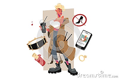 Cool woman drummer drinking coffee Vector Illustration