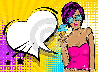 Cool woman pop art comic text speech heart box Vector Illustration