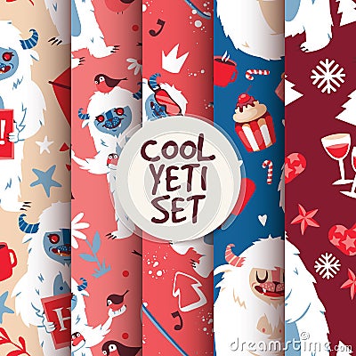 Cool yeti seamless pattern set vector illustration with kind creature with cup of coffee and cake. Vector Illustration