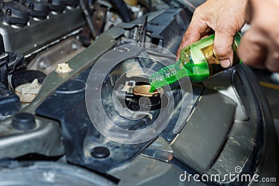 Coolant Oil change,Pouring oil to car engine, car mechanic changing motor. Stock Photo