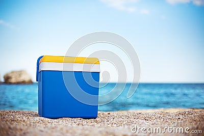 Cooler box on the sand beach Stock Photo