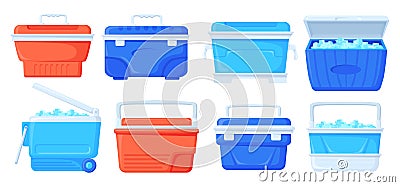 Cooler boxes. Summer ice bag camping beach picnic, portable fridge for cold food drinks cool beer, mobile refrigerator Vector Illustration