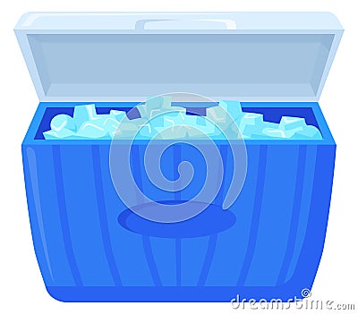 Cooling container with ice. Portable fridge cartoon icon Vector Illustration