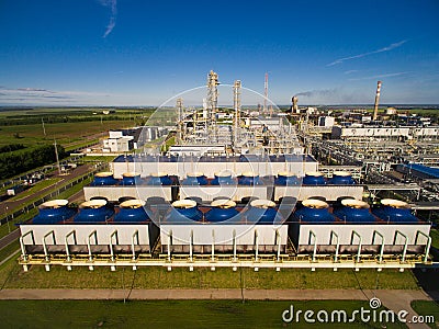 The cooling fans and units for nitric acid production on fertilizer plant. Aerial view Stock Photo