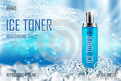 Cooling Ice toner with ice cubes. Realistic cool refreshing spray bottle packaging ad for poster. Skin care spray Vector Illustration
