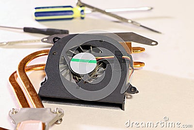 A cooling system of computer. A fan, cooler of central processing or the CPU cooler pc system unit Stock Photo