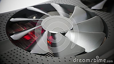 Cooling system of powerful graphics card, heat produced by data Stock Photo