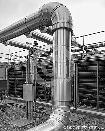 Cooling tower header pipe and valve. Stock Photo