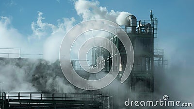 A cooling tower looms over the plant releasing plumes of steam as it helps regulate the temperature of the production Stock Photo