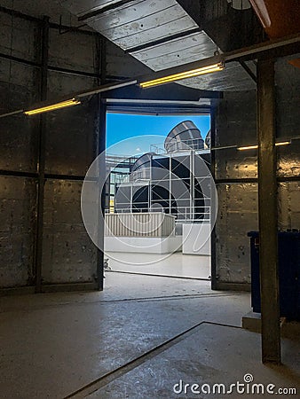 View of cooling towers from mechanical room Stock Photo