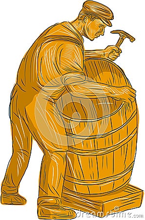 Cooper Making Wooden Barrel Drawing Vector Illustration