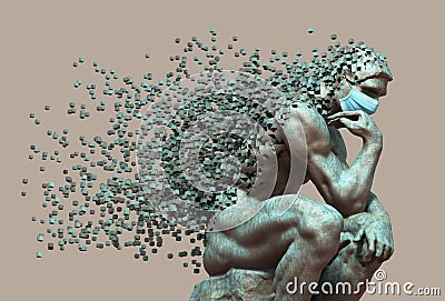 Cooper Thinker In Medical Mask Desintegrated Into 3D Pixels Editorial Stock Photo