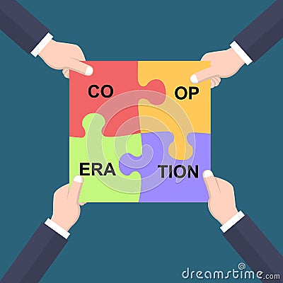 Cooperation concept hands joining puzzle pieces Vector Illustration