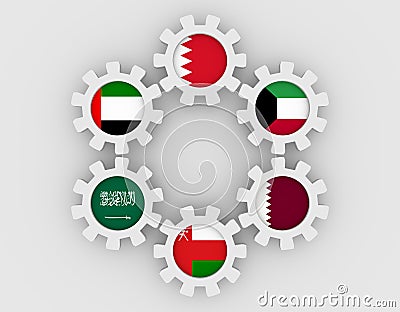 Cooperation Council for the Arab States of the Gulf members flags on gears Stock Photo