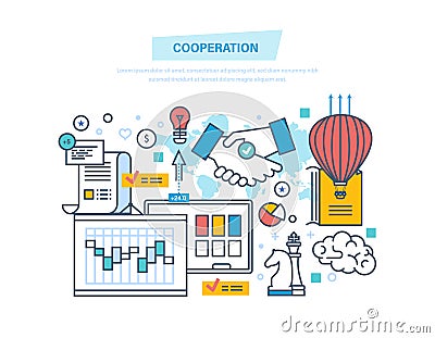 Cooperation, group collaboration, partnerships, teamwork, marketing, business deal. Vector Illustration