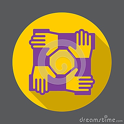 Cooperation hands, teamwork flat icon. Round colorful button, circular vector sign with long shadow effect. Vector Illustration