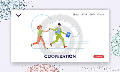 Cooperation Landing Page Template. Business Characters Running Relay Passing On The Baton. Competition, Teamwork Vector Illustration