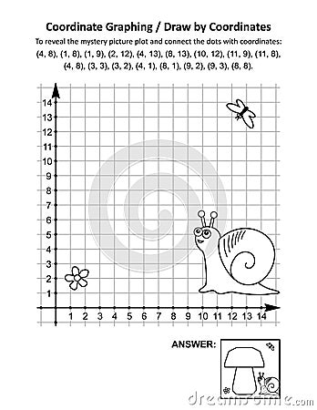 Coordinate graphing, or draw by coordinates, math worksheet with big mushroom and a snail Vector Illustration