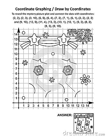 Coordinate graphing, or draw by coordinates, math worksheet with christmas stockings Vector Illustration