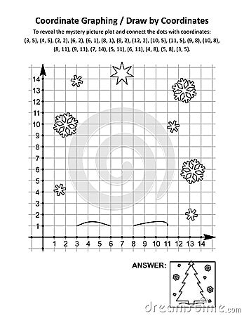 Coordinate graphing, or draw by coordinates, math worksheet with christmas tree Vector Illustration