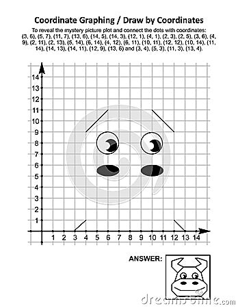 Coordinate graphing, or draw by coordinates, math worksheet with cute young bull or cow Vector Illustration