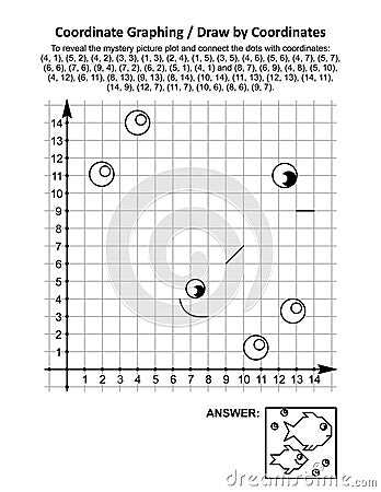 Coordinate graphing, or draw by coordinates, math worksheet with fishes Vector Illustration