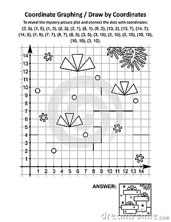 Coordinate graphing, or draw by coordinates, math worksheet with gift boxes Vector Illustration