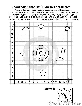 Coordinate graphing, or draw by coordinates, math worksheet with Halloween candies Vector Illustration